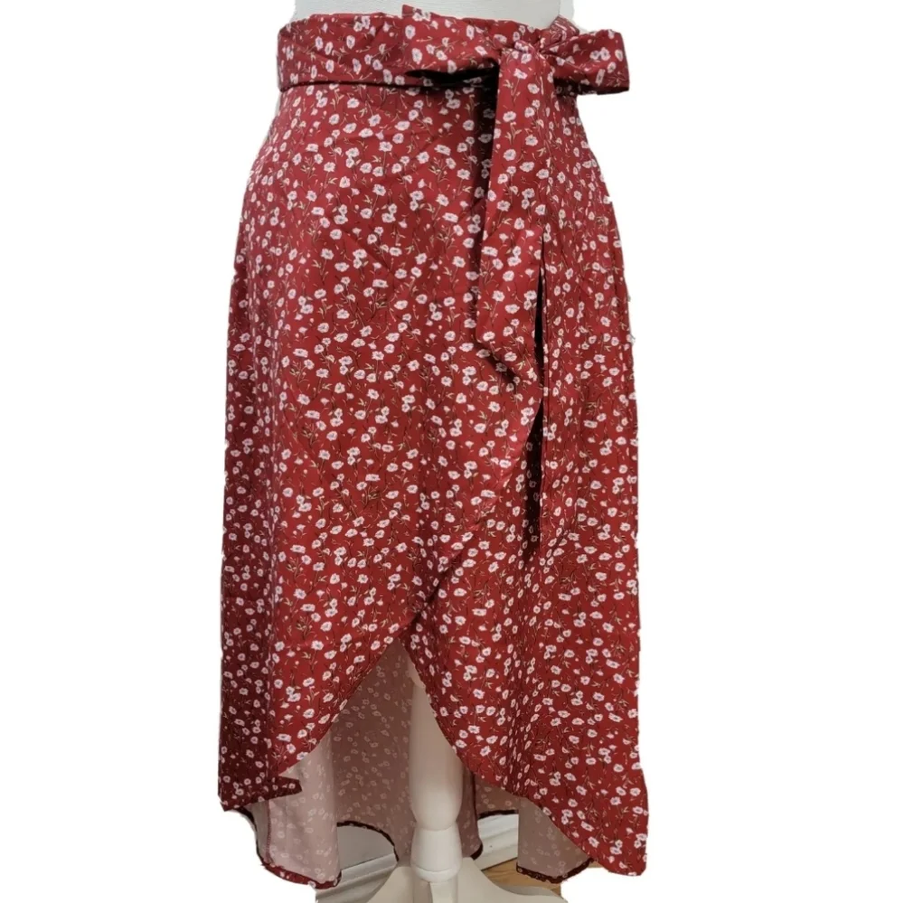 High Waisted Wrap Ruffle  Brick Red Floral Flowy Midi Beach Skirt